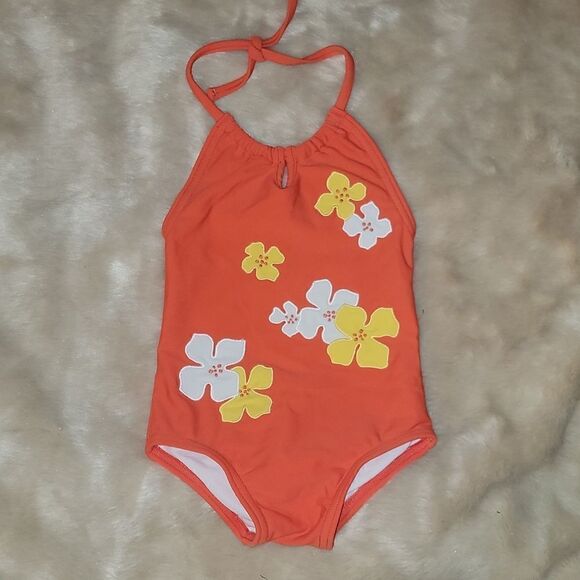 JANIE AND JACK ORANGE FLORAL SWIM SUIT, SIZE 0-6 MONTHS - Picture 1 of 5